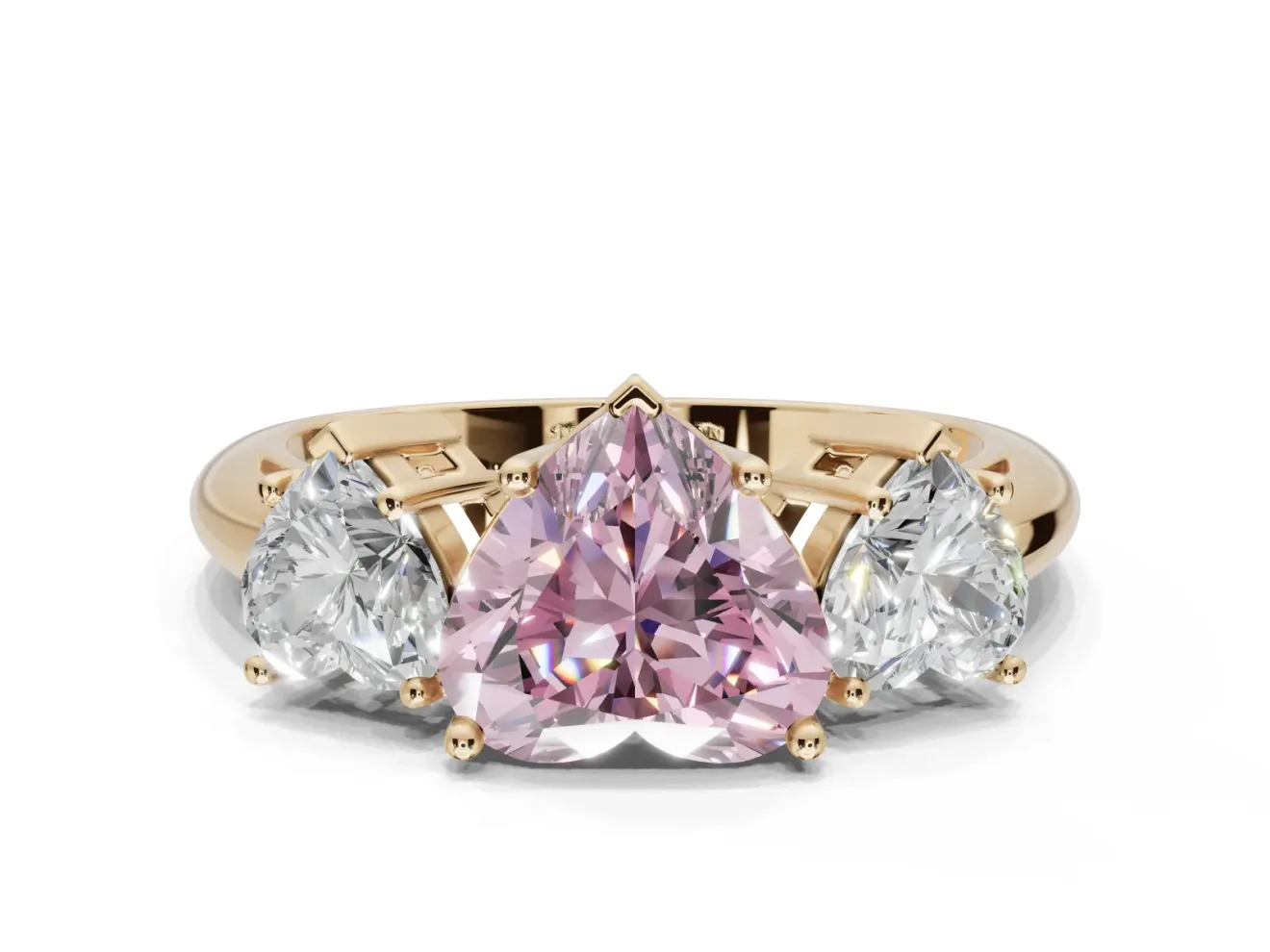 Heart-Shaped Three Stone Engagement Ring Setting for a Fancy Pink Lab-Grown Diamond | Plain Band | Yellow Gold