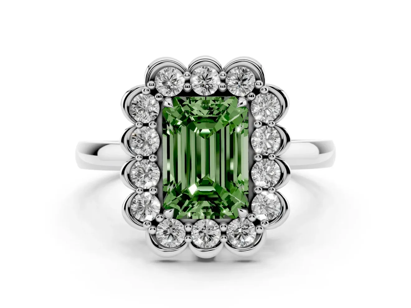 Emerald Cut Scalloped Cluster Halo Engagement Ring Setting for a Fancy Green Lab-Grown Diamond | Plain Band | Platinum