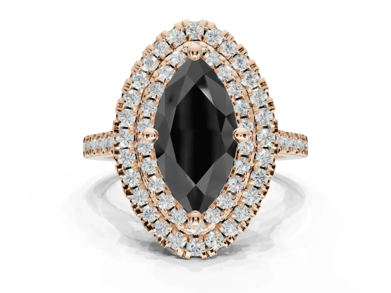 Marquise Double Halo Engagement Ring Setting for a Black Center | Pavé Shoulders | Rose Gold