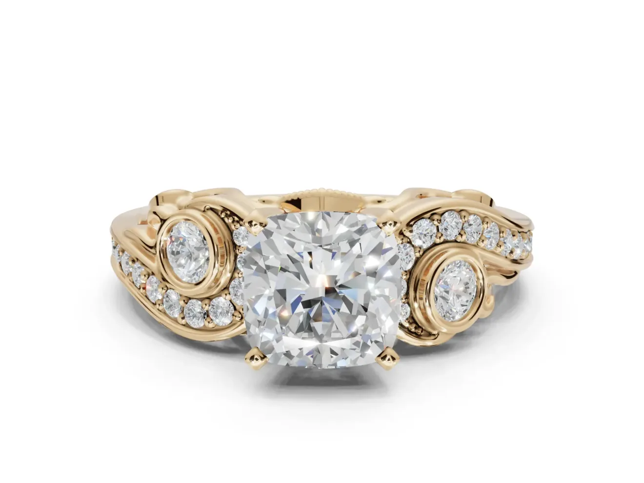 Cushion Cut Vintage Swirl Engagement Ring Setting | Bezel Side Accents | Yellow Gold