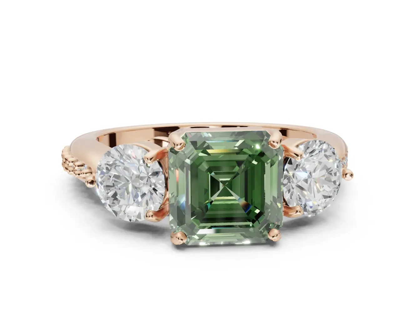Asscher Cut Three Stone Engagement Ring Setting for a Fancy Green Lab-Grown Diamond | Tapered Pave Band | Rose Gold