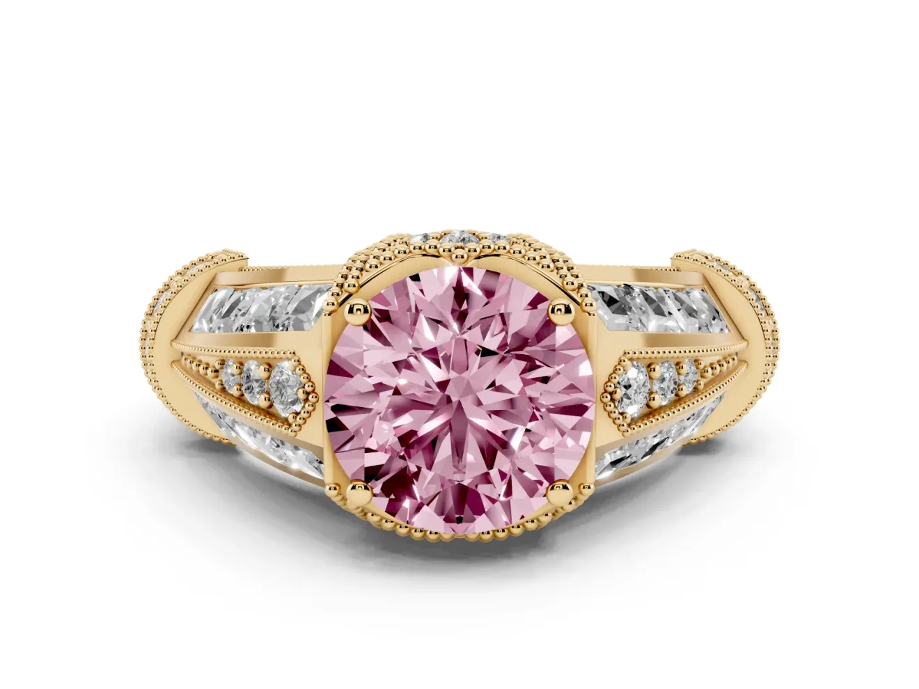 Fancy Pink Round Cut Diamond Vintage-Inspired Milgrain Ring Set in Yellow gold with Accent Split Shank