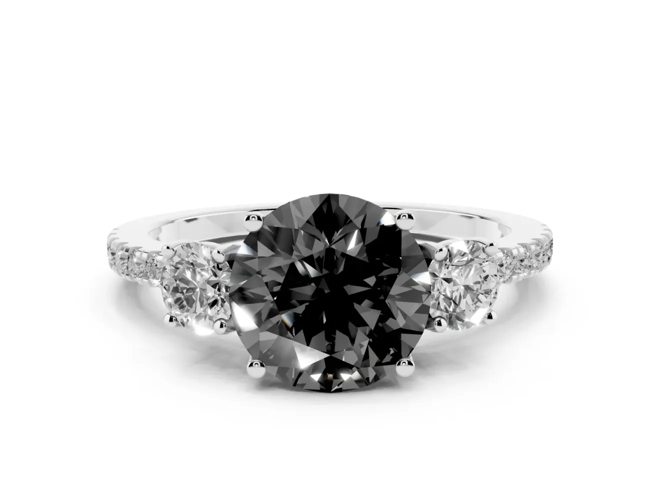 Fancy Black Round Cut Diamond Three-Stone Ring Set in Platinum with Pavé Band and Graduated Sides