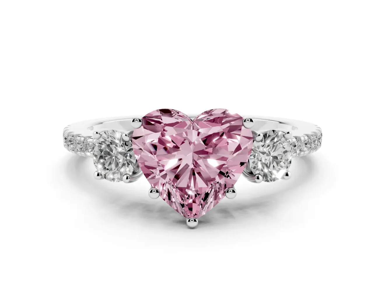 Fancy Pink Heart Cut Diamond Three-Stone Ring Set in Silver with Pavé Band and Graduated Sides