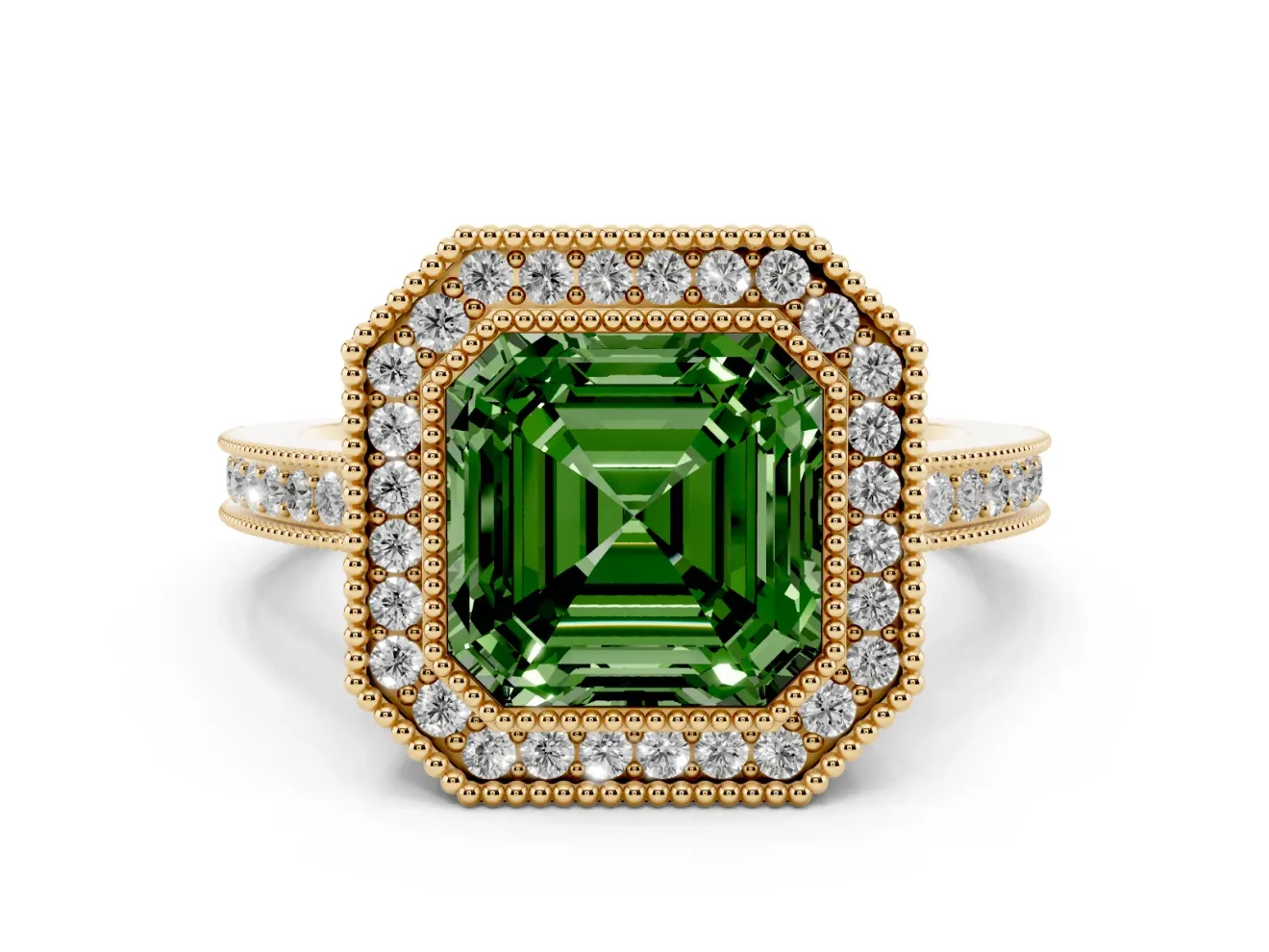 Asscher Cut Milgrain Halo Engagement Ring Setting for a Fancy Green Lab-Grown Diamond | Yellow Gold