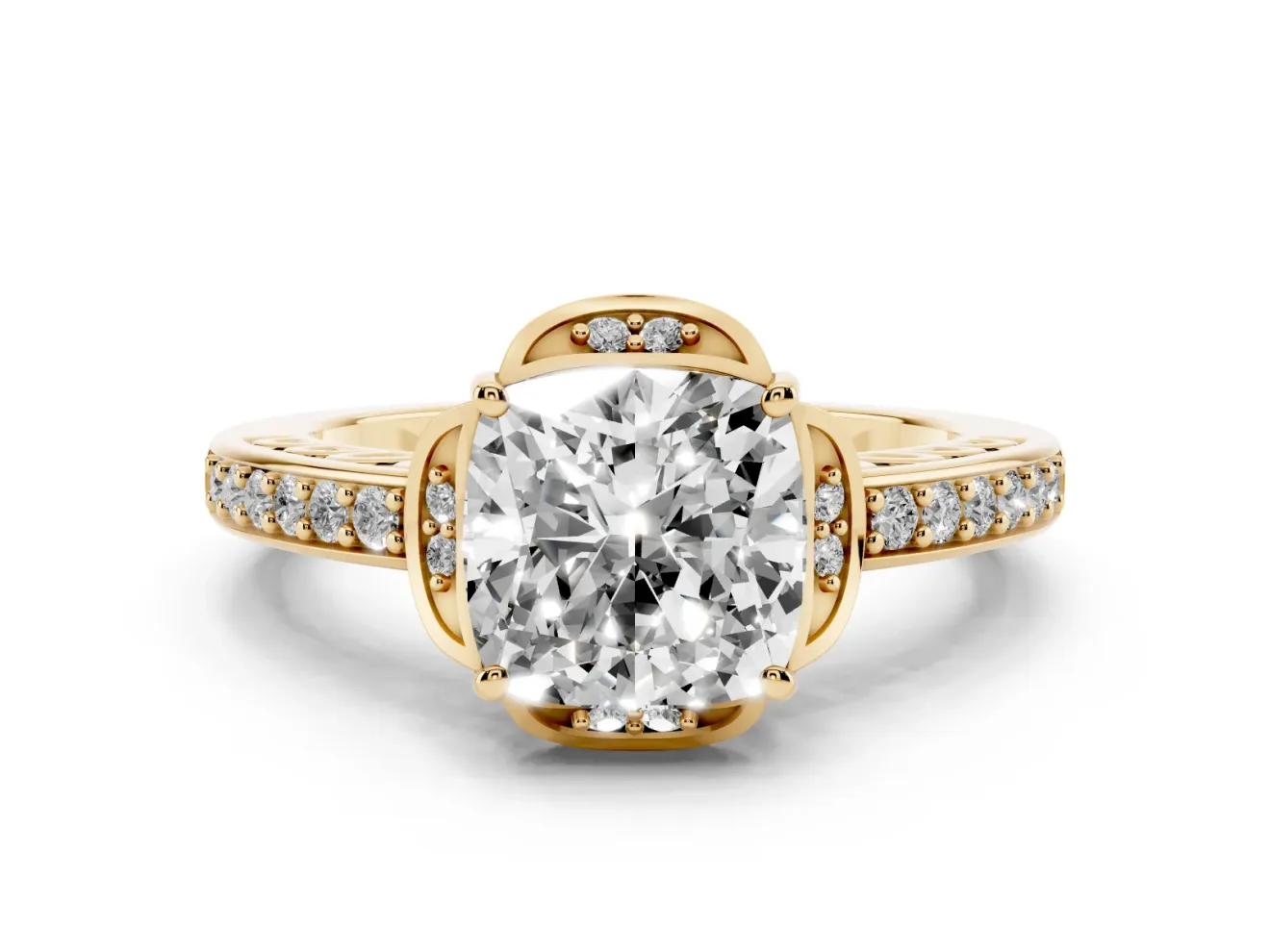 Cushion Cut Floral Pavé Engagement Ring Setting | Petal Accents | Yellow Gold