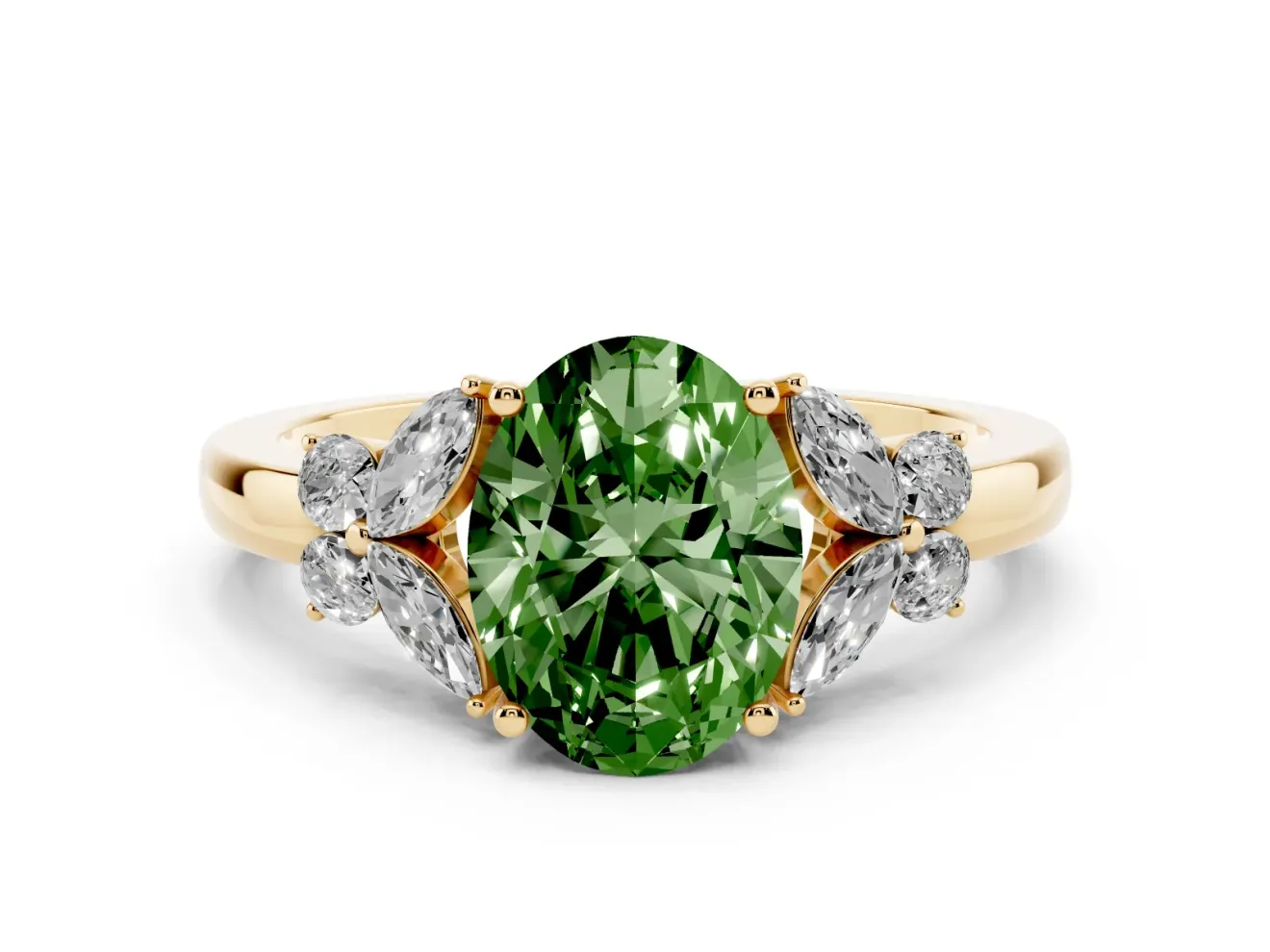 Fancy Green Oval Cut Diamond Solitaire Floral Ring Set in Yellow gold with Marquise Petals and Prong Setting