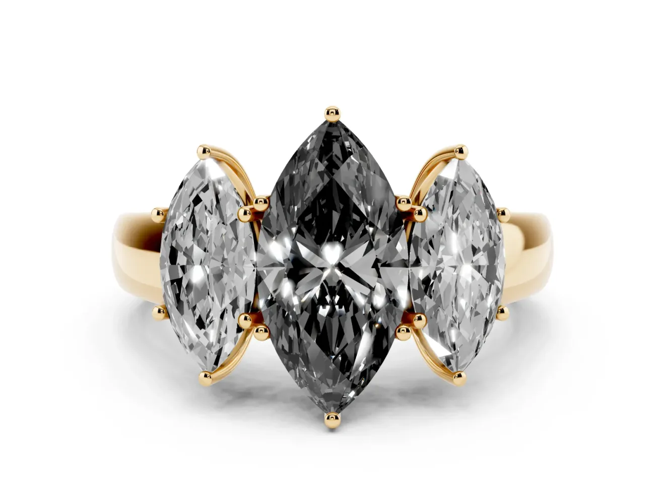 Fancy Black Three-Stone Marquise Cut Diamond Ring Set in Yellow gold with Matching Prong Settings and Plain Band