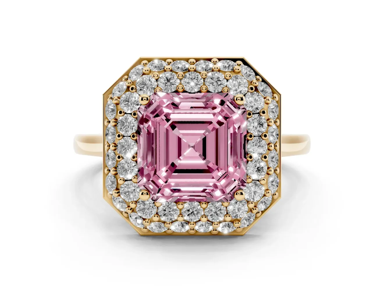 Asscher Cut Pave Halo Engagement Ring Setting for a Fancy Pink Lab-Grown Diamond | Slim Plain Band | Yellow Gold