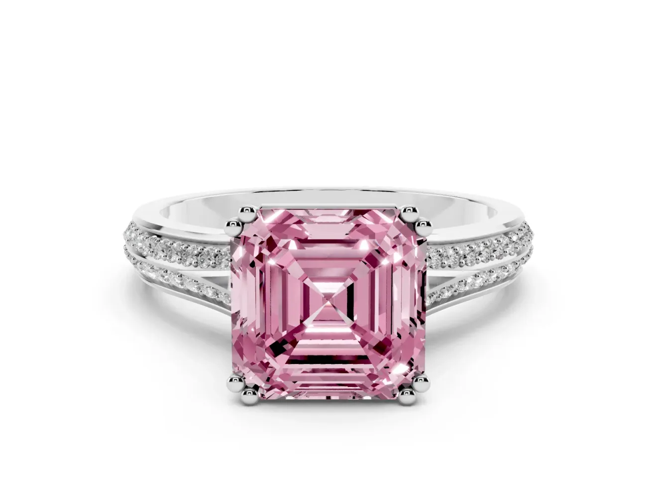 Asscher Cut Pave Split Shank Engagement Ring Setting for a Fancy Pink Lab-Grown Diamond | Double Claw Prongs | Platinum