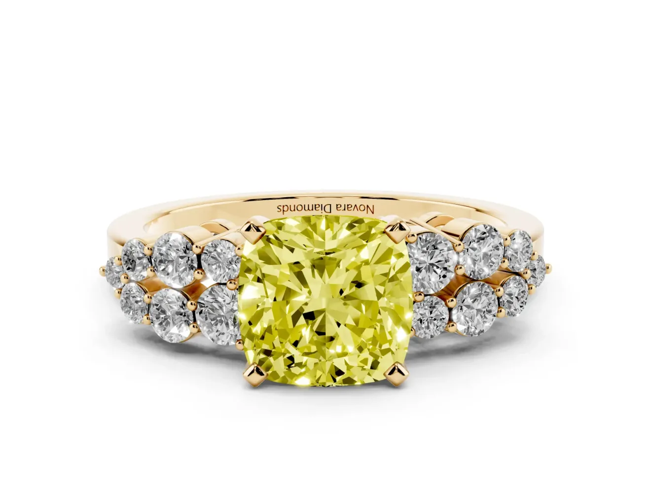 Fancy Yellow Cushion Cut Diamond Cluster Engagement Ring Set in Yellow gold with Pavé Band and Prong Setting