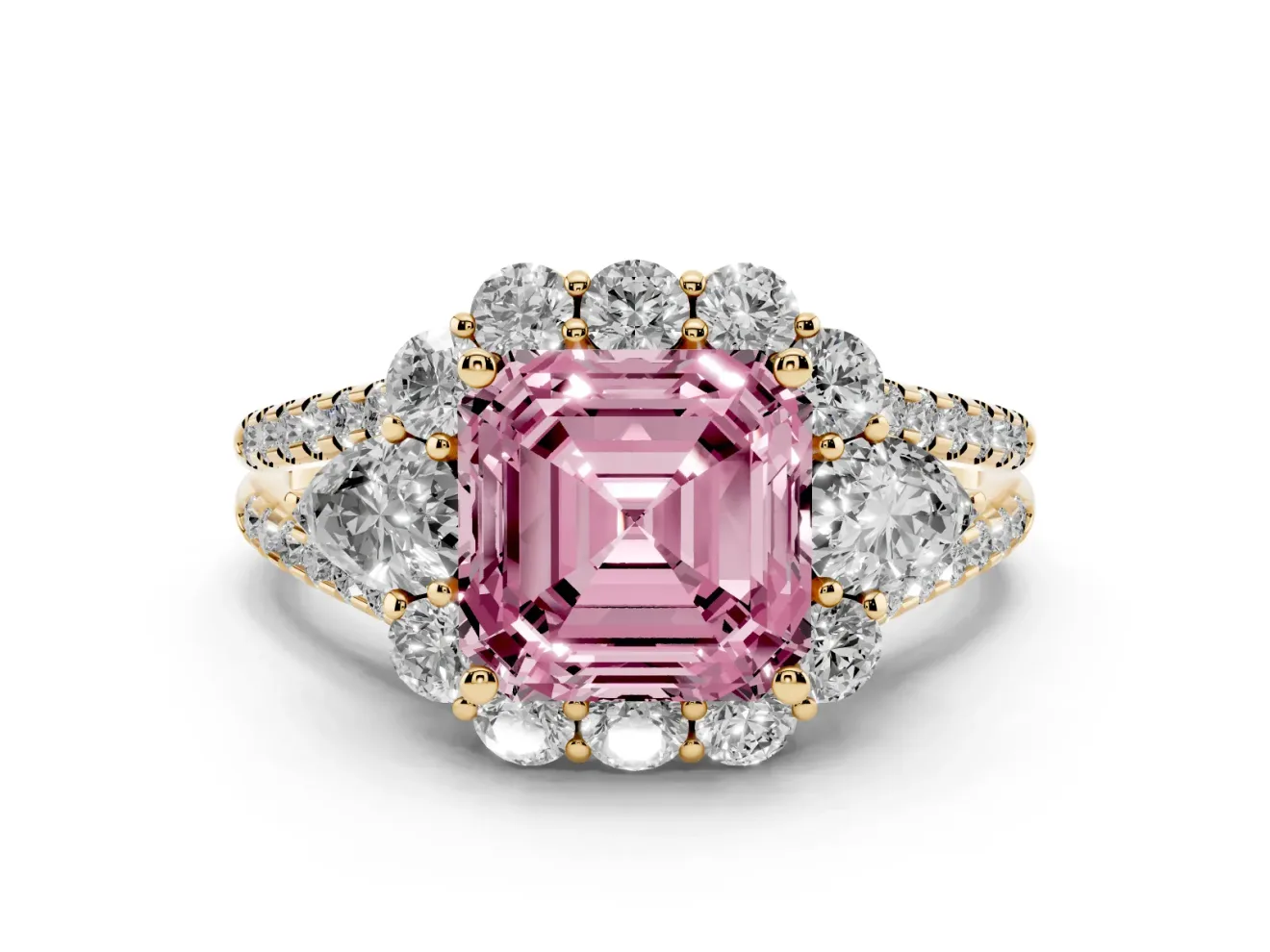 Asscher Cut Scalloped Halo Engagement Ring Setting for a Fancy Pink Lab-Grown Diamond | Pear Side Stones | Yellow Gold
