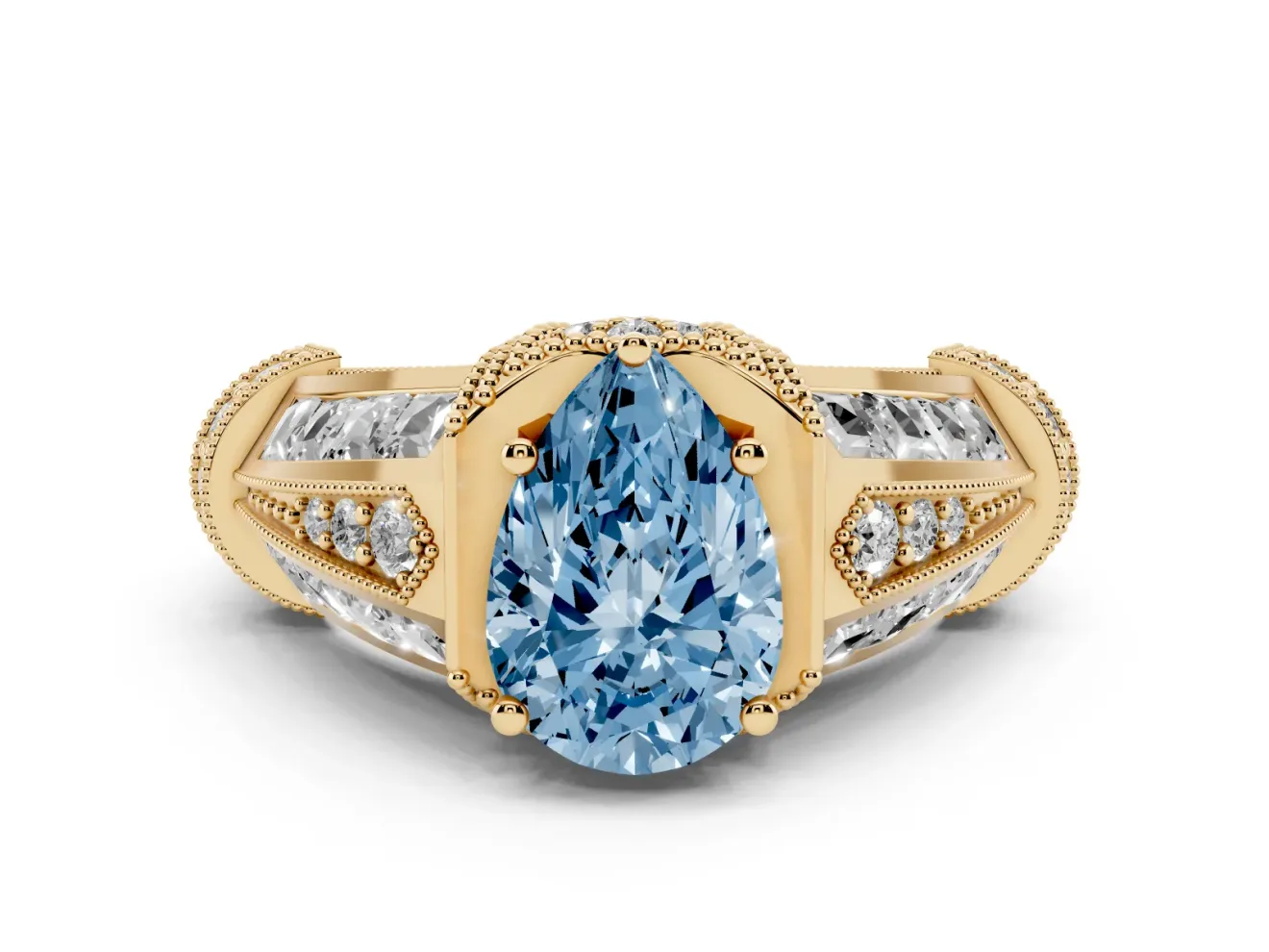 Pear-Shaped Vintage Milgrain Engagement Ring Setting for a Fancy Blue Lab-Grown Diamond | Hidden Halo | Yellow Gold