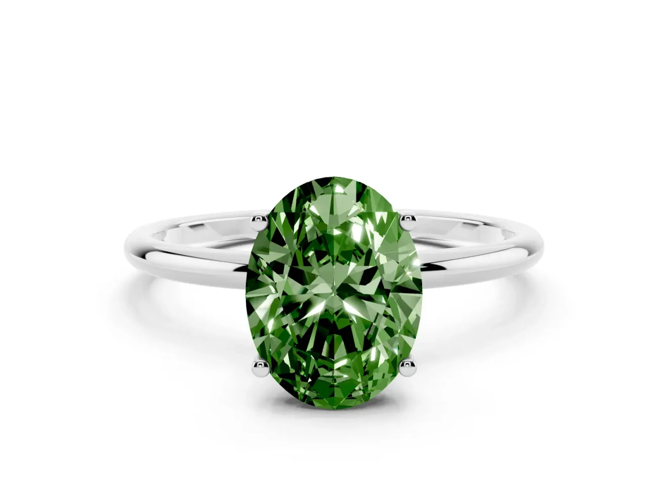 Fancy Green Oval Cut Diamond Solitaire Engagement Ring Set in Silver with Thin Band and Prong Setting