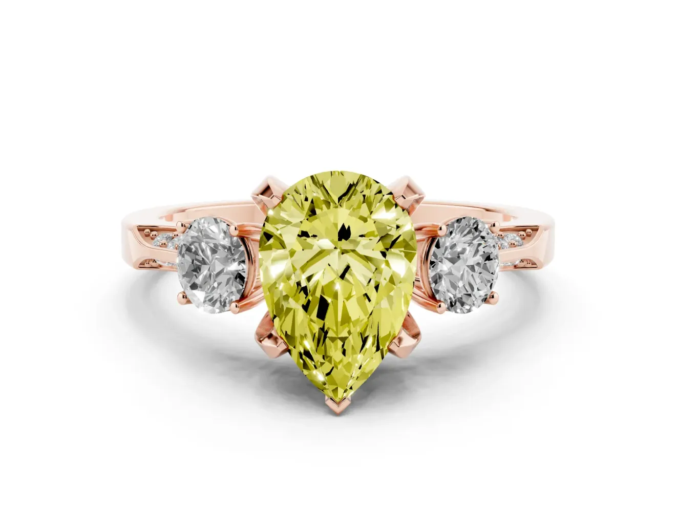 Pear-Shaped Hidden Halo Three Stone Engagement Ring Setting for a Fancy Yellow Lab-Grown Diamond | Rose Gold