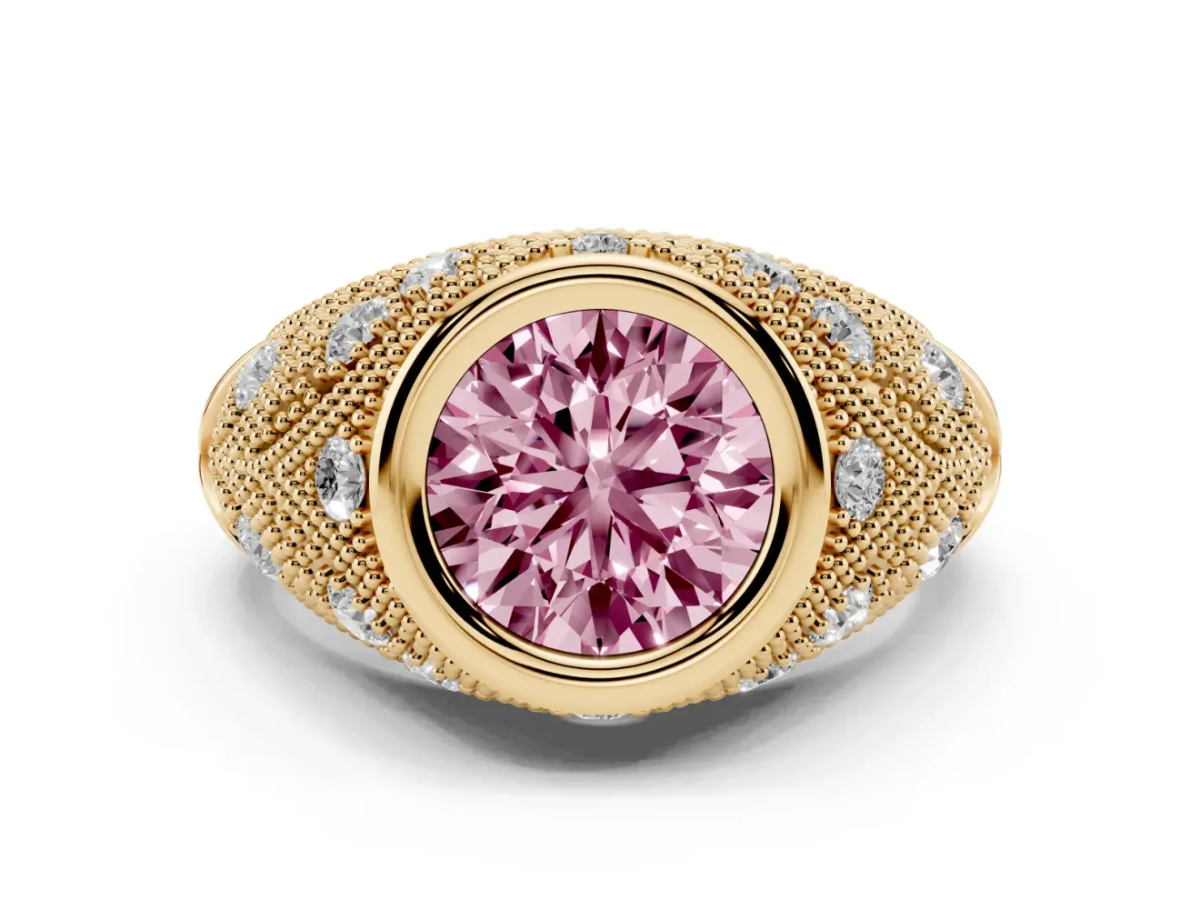 Fancy Pink Round Cut Diamond Bezel Ring Set in Yellow gold with Milgrain Accent Band