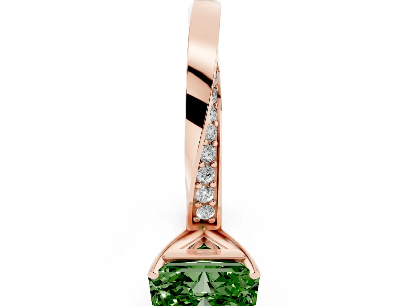Fancy Green Radiant Cut Diamond Engagement Ring Set in Rose gold with Side Stone Accents and Prong Setting
