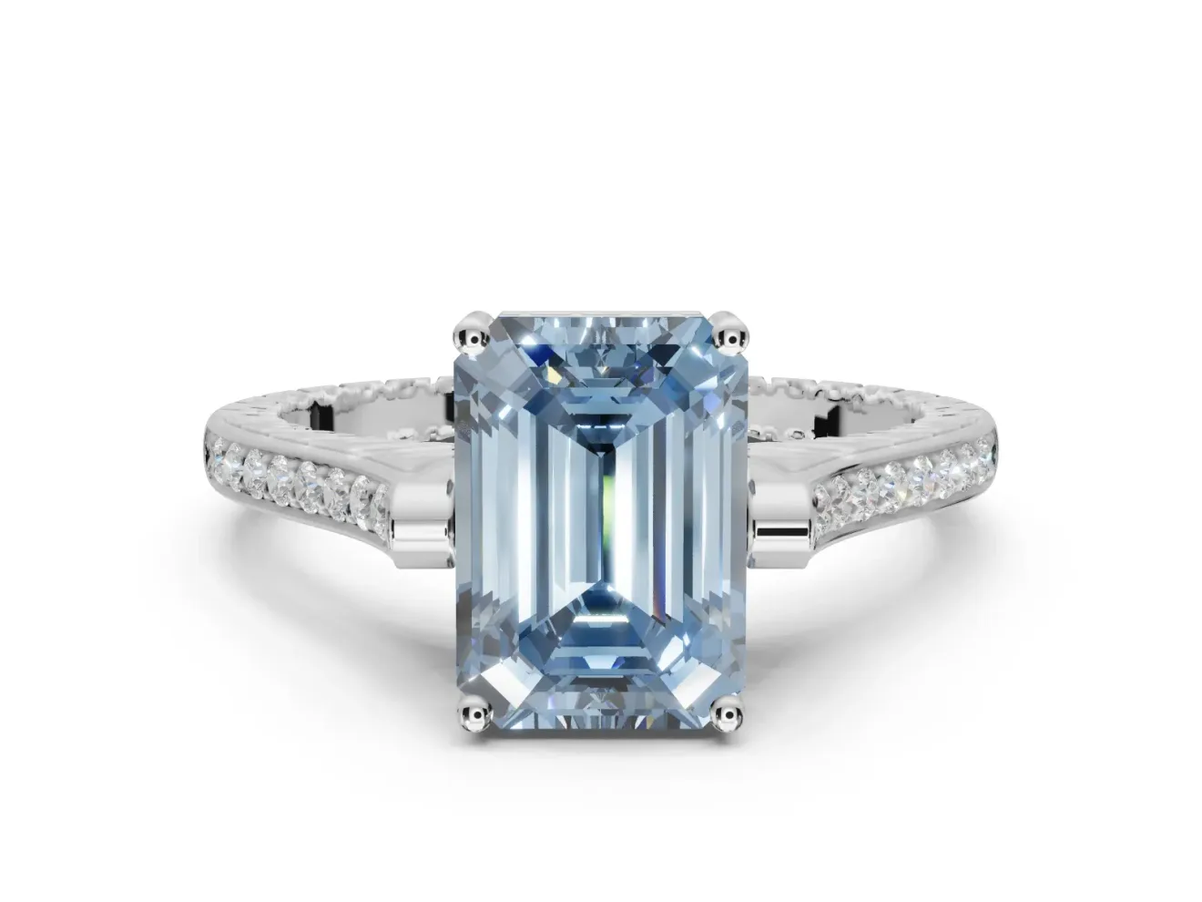Emerald Cut Vintage Cathedral Engagement Ring Setting for a Fancy Blue Lab-Grown Diamond | Carved Band | Platinum