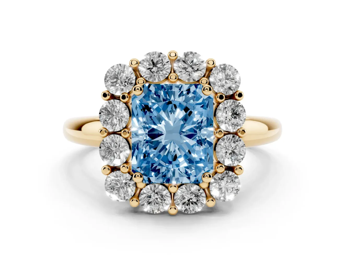 Radiant Cut Cluster Halo Engagement Ring Setting for a Fancy Blue Lab-Grown Diamond | Large Round Accents | Yellow Gold