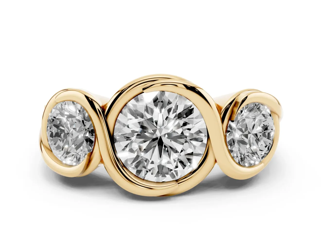 Round Bezel Three Stone Engagement Ring Setting | S-Curve Wave | Yellow Gold