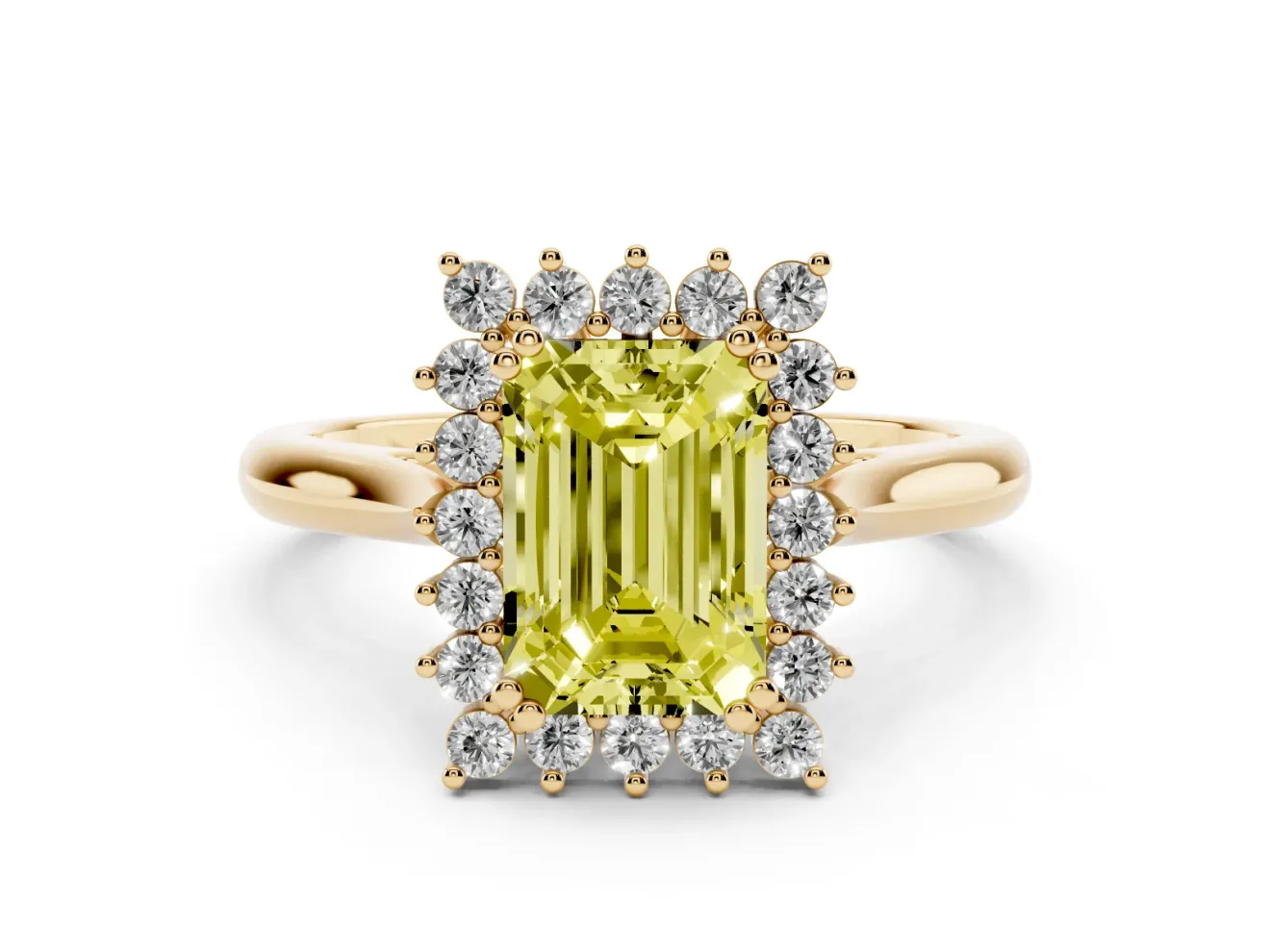 Emerald Cut Halo Engagement Ring Setting for a Fancy Yellow Lab-Grown Diamond | Yellow Gold
