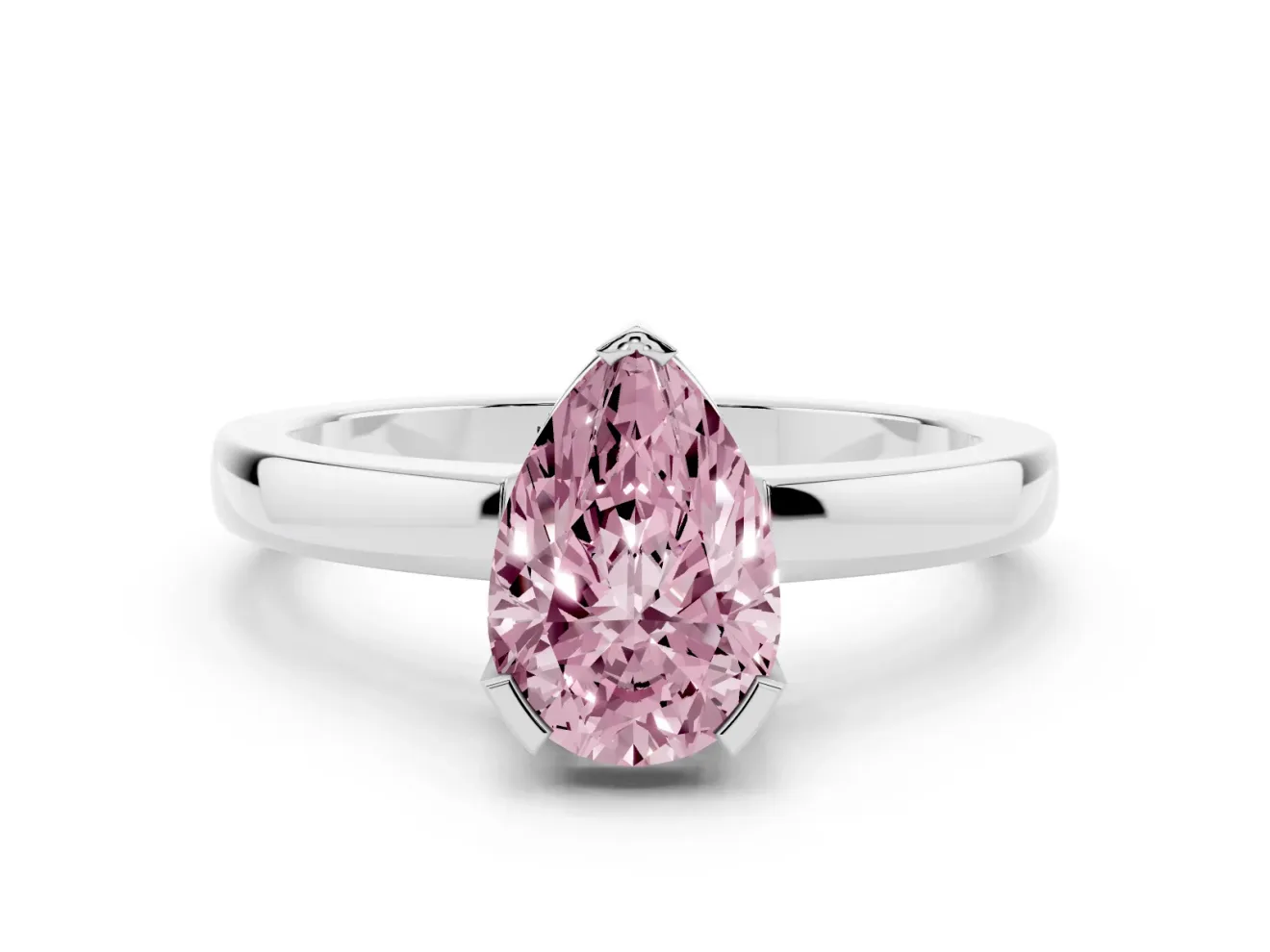 Fancy Pink Pear Cut Diamond Solitaire Ring Set in Silver with Prong Head and Smooth Polished Band
