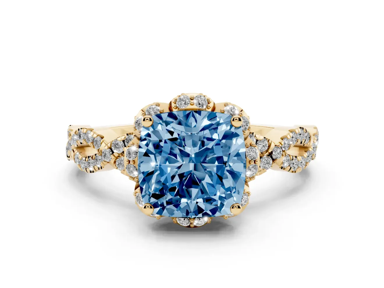 Fancy Blue Cushion Cut Diamond Halo Twist Band Solitaire Ring Set in Yellow gold with Prong-Set Center Stone