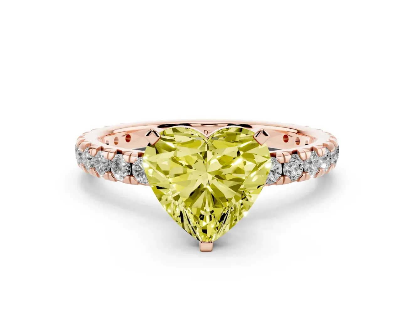 Fancy Yellow Heart Cut Diamond Pavé Solitaire Ring Set in Rose gold with Round Band and Prong Setting
