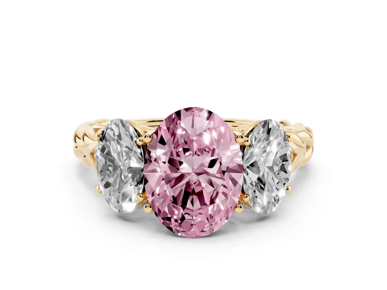 Oval Three Stone Engagement Ring Setting for a Fancy Pink Lab-Grown Diamond | Braided Band | Yellow Gold