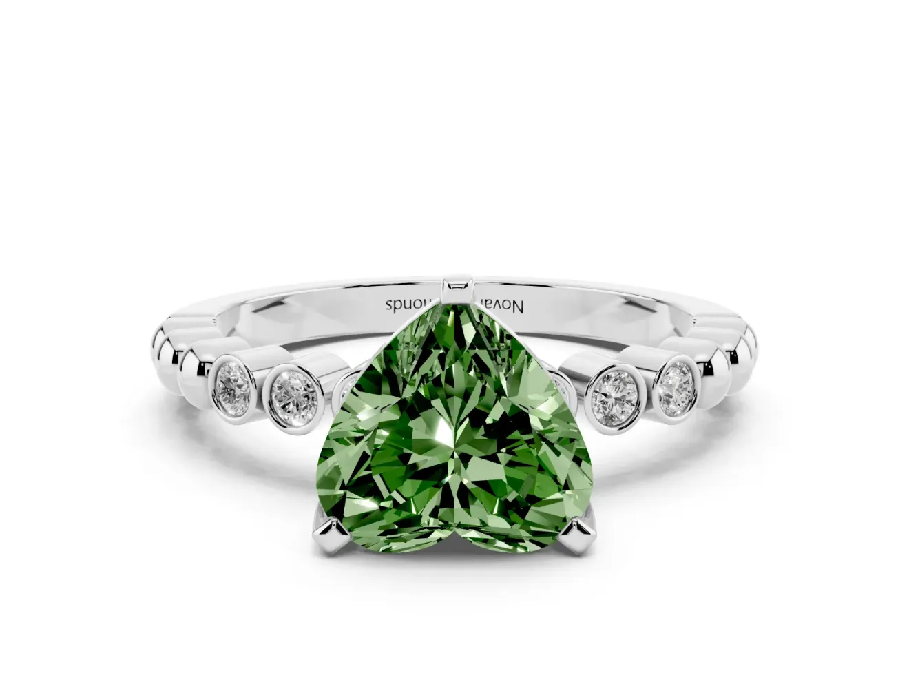 Fancy Green Heart Cut Diamond Solitaire Engagement Ring Set in White gold with Bezel Accents on Beaded Band