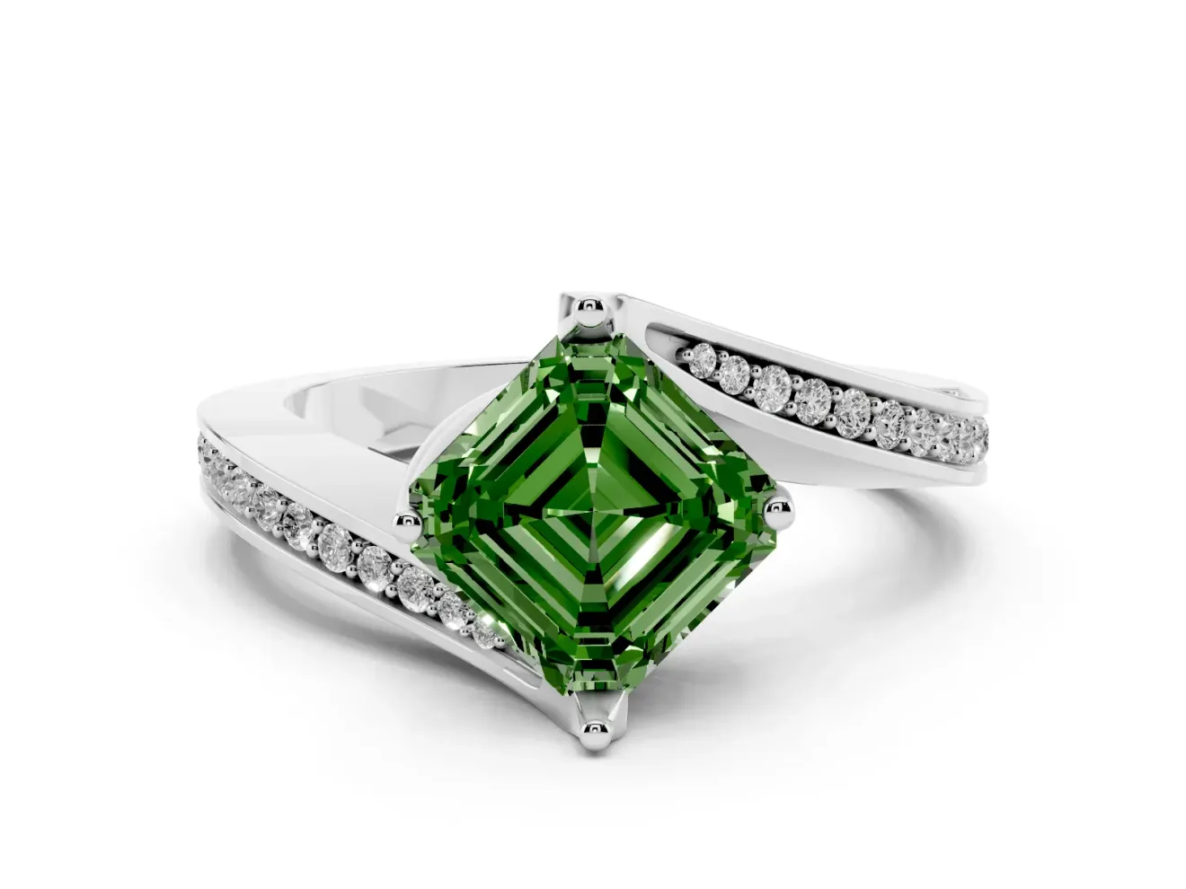 Fancy Green Asscher Cut Diamond Solitaire Ring Set in Silver with Intertwined Pavé Twist Band