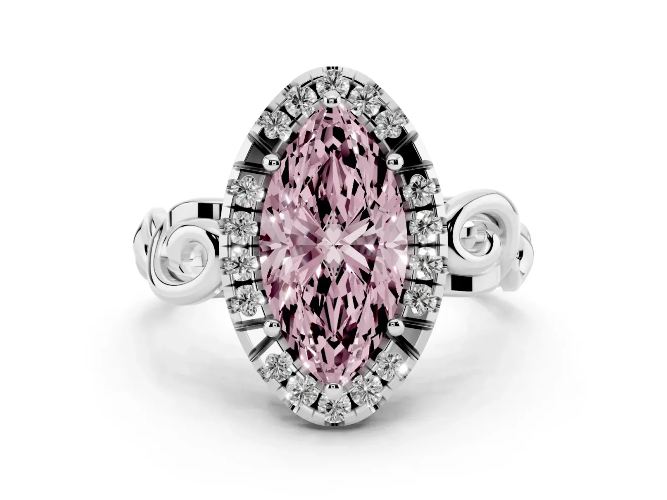 Fancy Pink Marquise Cut Diamond Halo Ring Set in White gold with Scrollwork Band and Prong Setting