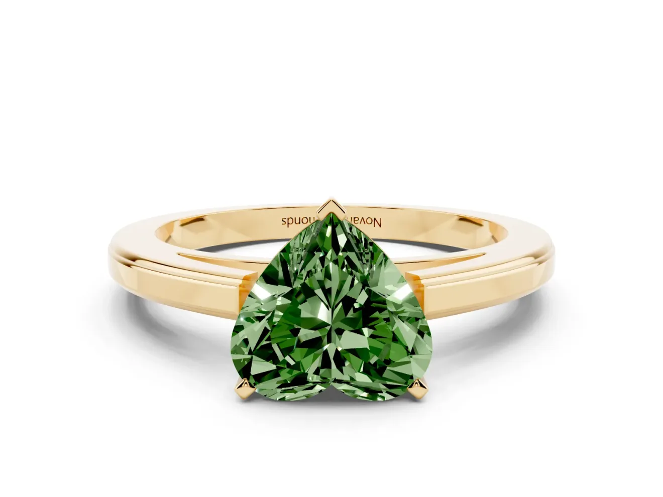 Fancy Green Heart Cut Diamond Solitaire Ring Set in Yellow gold with Prong Setting and Classic Band