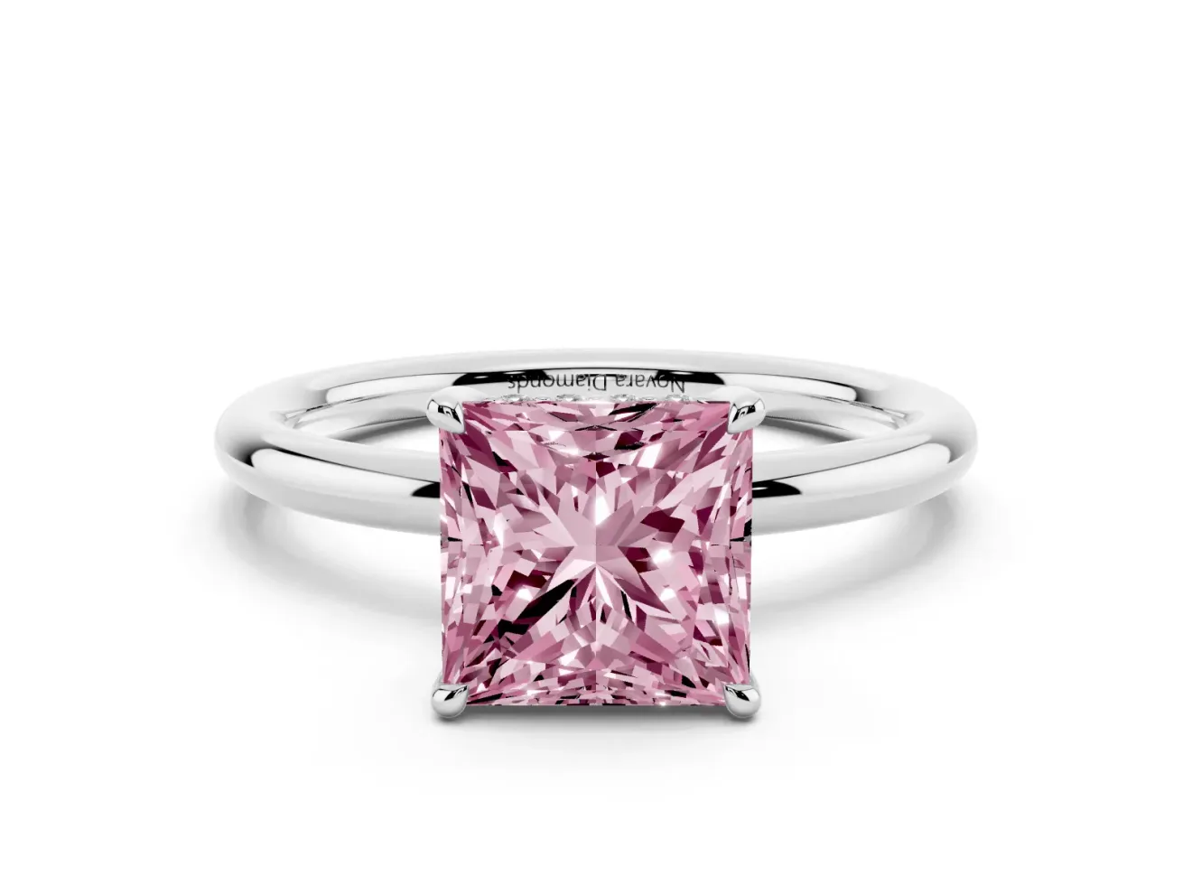 Fancy Pink Princess Cut Diamond Solitaire Ring Set in White gold with Thin Band and Prong Setting