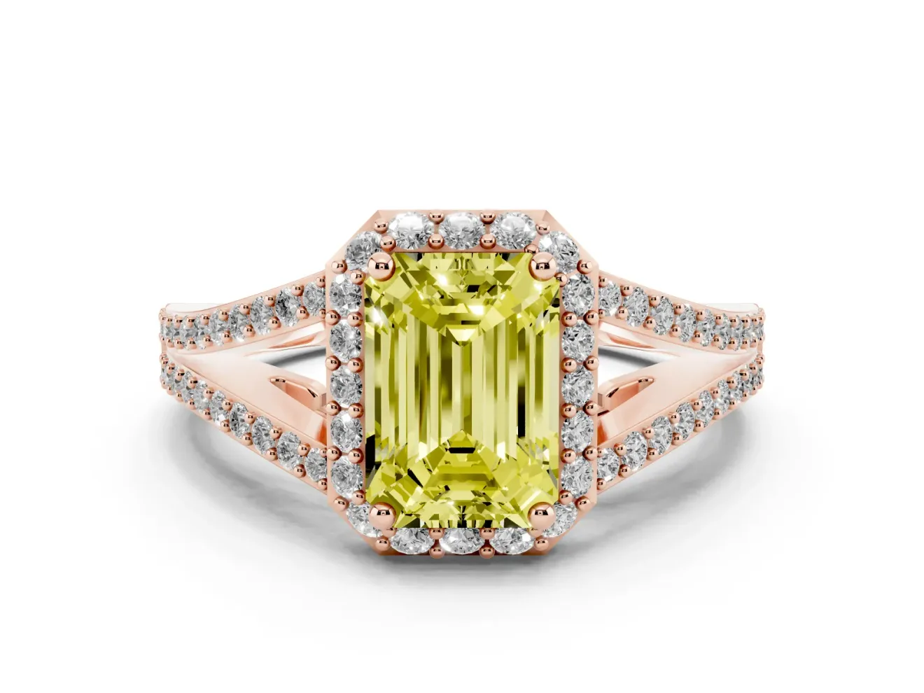 Emerald Cut Halo Engagement Ring Setting for a Fancy Yellow Lab-Grown Diamond | V-Split Pavé Band | Rose Gold