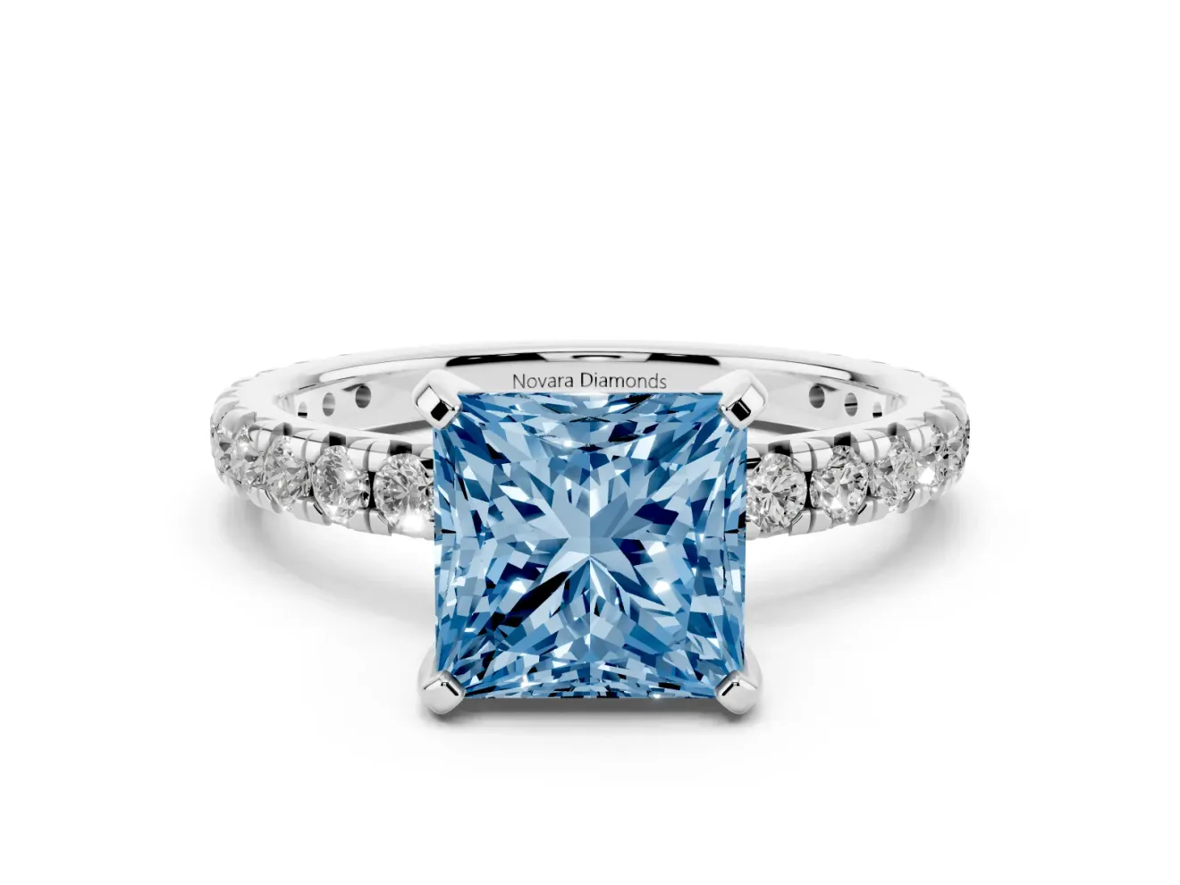 Fancy Blue Princess Cut Diamond Pavé Solitaire Ring Set in Platinum with Round Band and Prong Setting