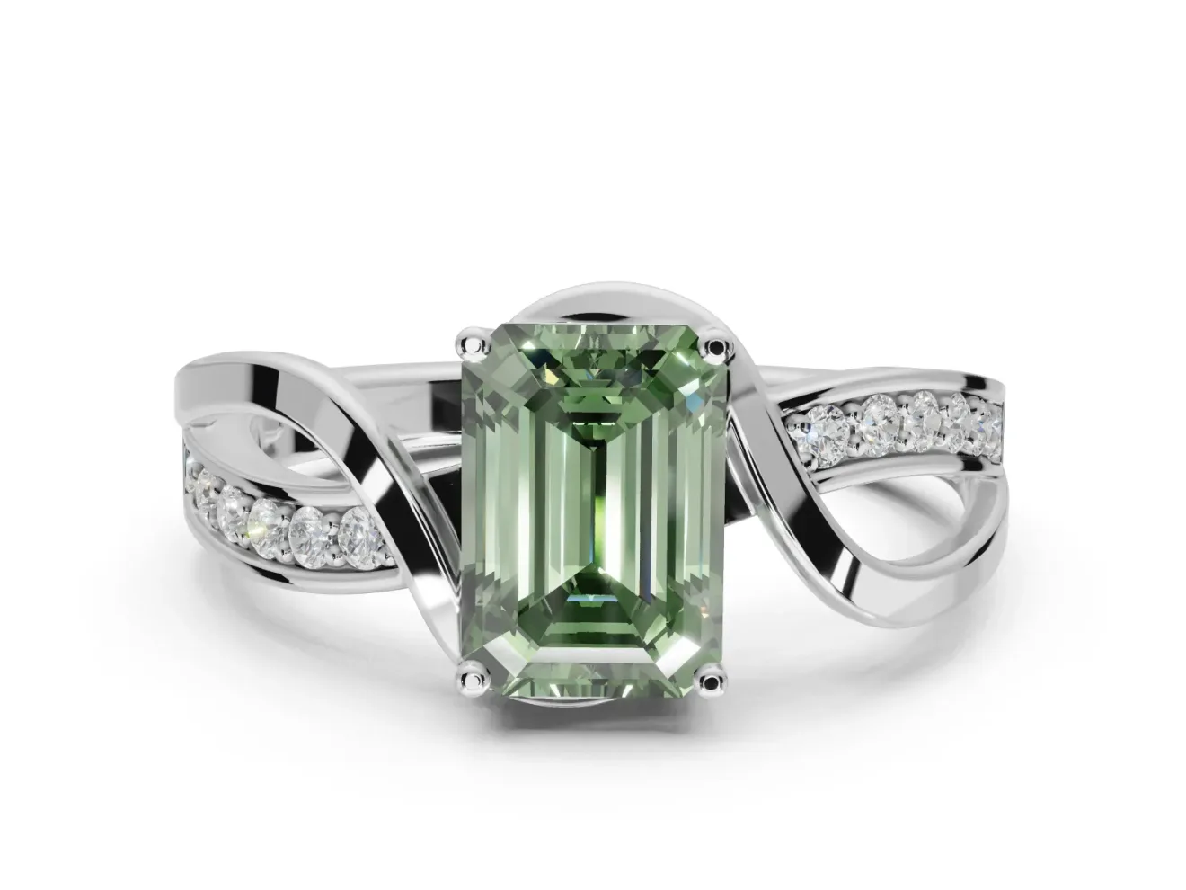 Emerald Cut Bypass Solitaire Engagement Ring Setting for a Fancy Green Lab-Grown Diamond | Pavé Strands | Platinum