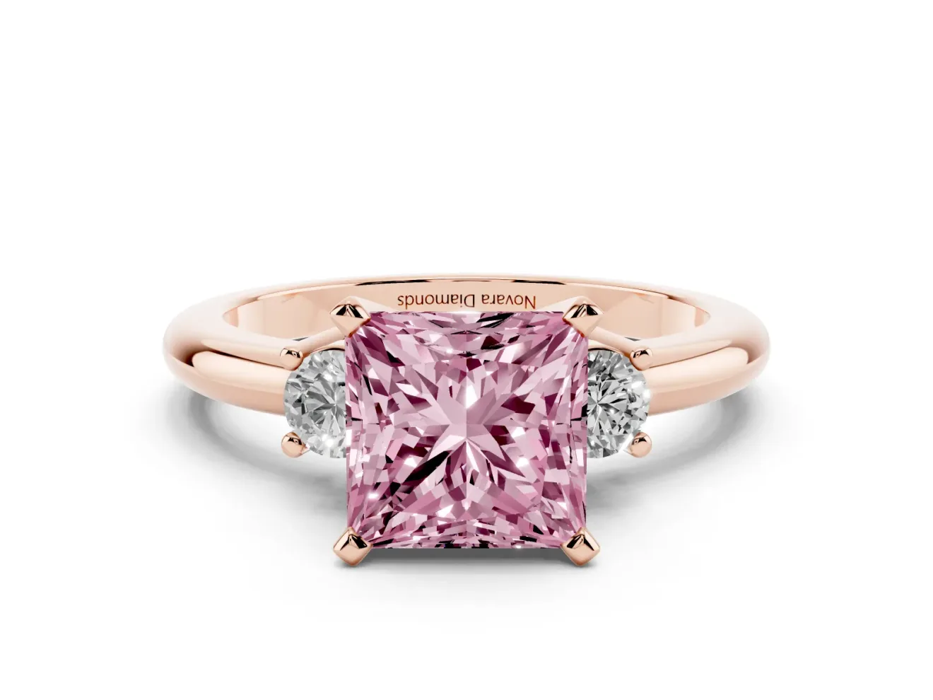 Princess Cut Three Stone Engagement Ring Setting for a Fancy Pink Lab-Grown Diamond | Round Side Stones | Rose Gold