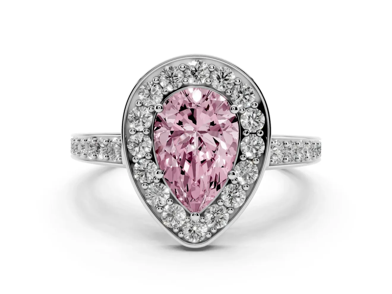 Fancy Pink Pear Cut Diamond Halo Pavé Engagement Ring Set in Silver with Bezel Setting