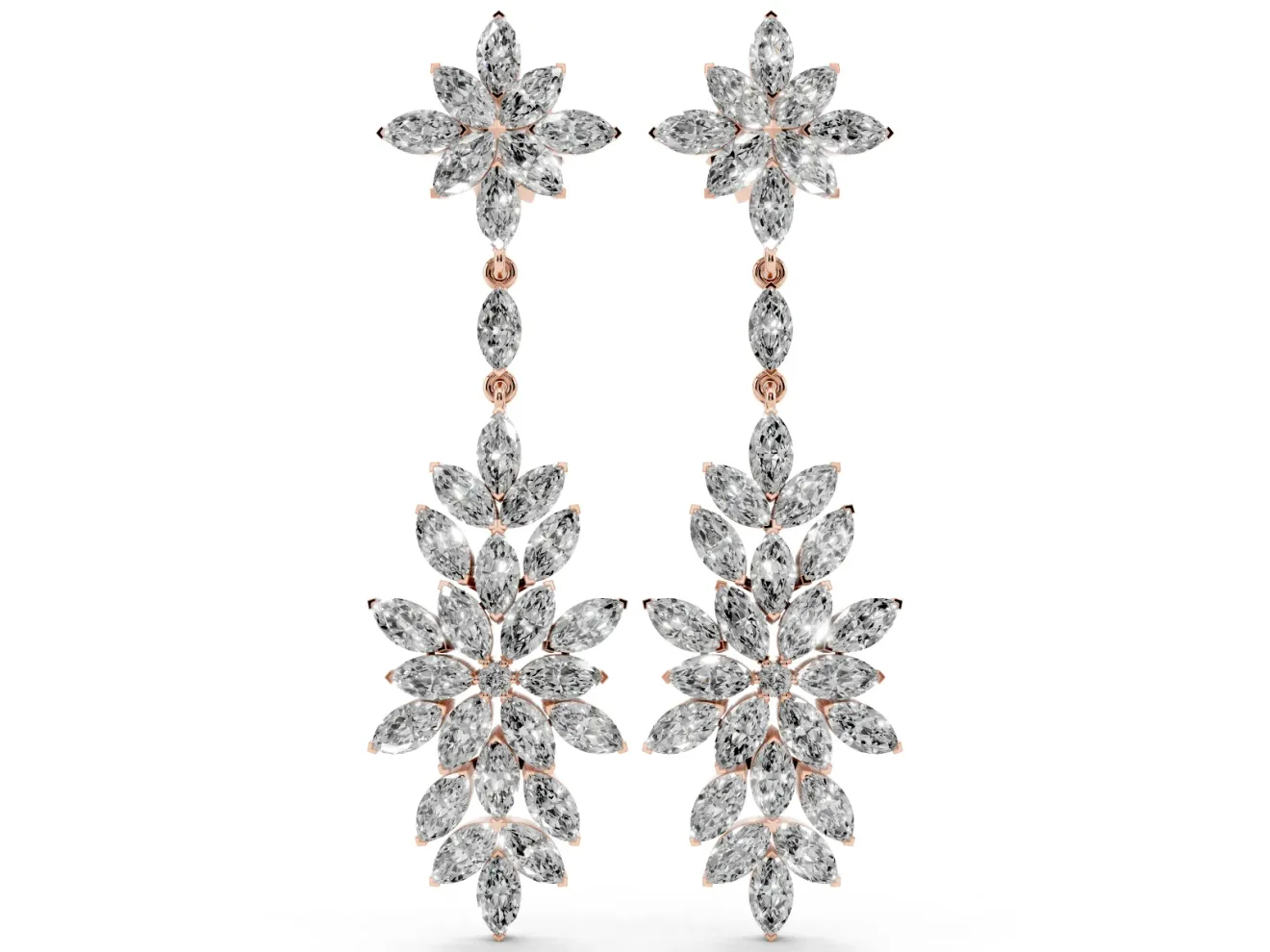 Marquise Lab-Grown Diamond Floral Cluster Drop Earrings | Flower Top and Spray | Rose Gold