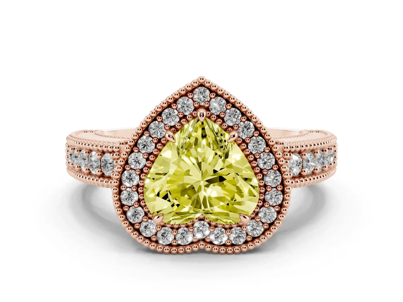 Fancy Yellow Heart Cut Diamond Halo Ring Set in Rose gold with Round Accent Halo, Pavé Band and Prong Setting