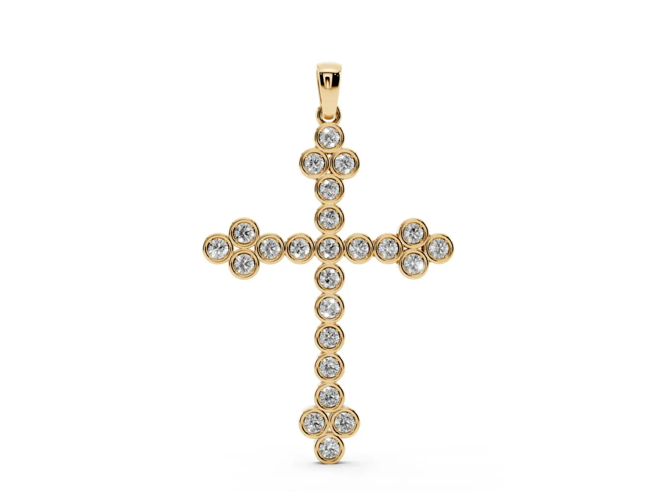 Round Lab-Grown Diamond Bezel Cross Pendant Necklace | Trefoil Ends | Yellow Gold