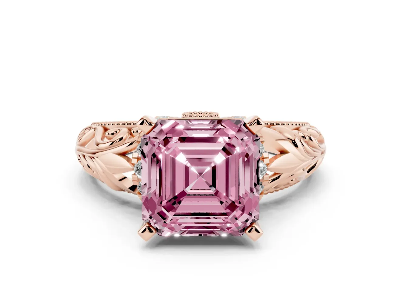 Asscher Cut Filigree Engagement Ring Setting for a Fancy Pink Lab-Grown Diamond | Rose Gold