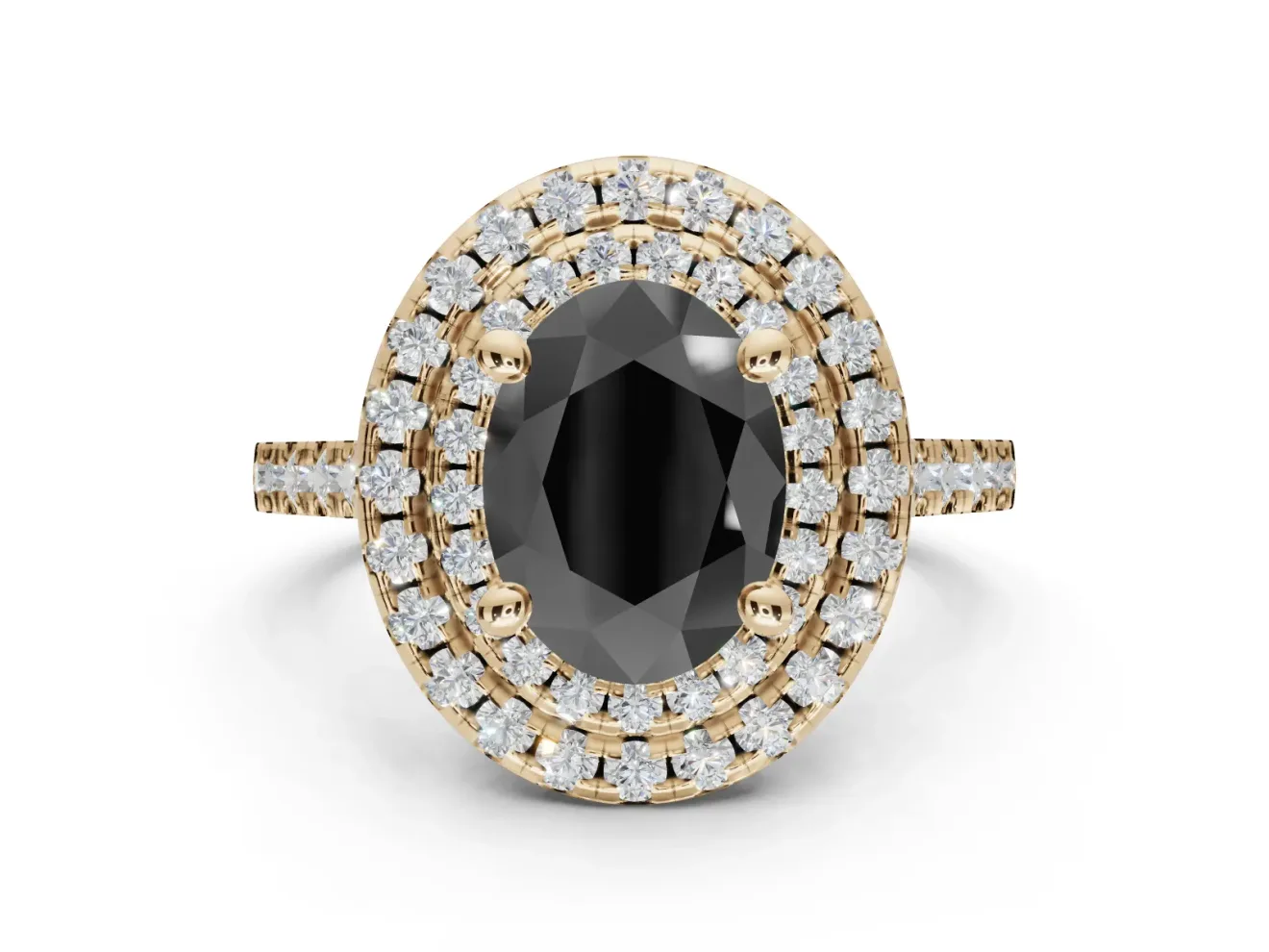 Oval Double Halo Engagement Ring Setting for a Black Center | Pavé Shoulders | Yellow Gold