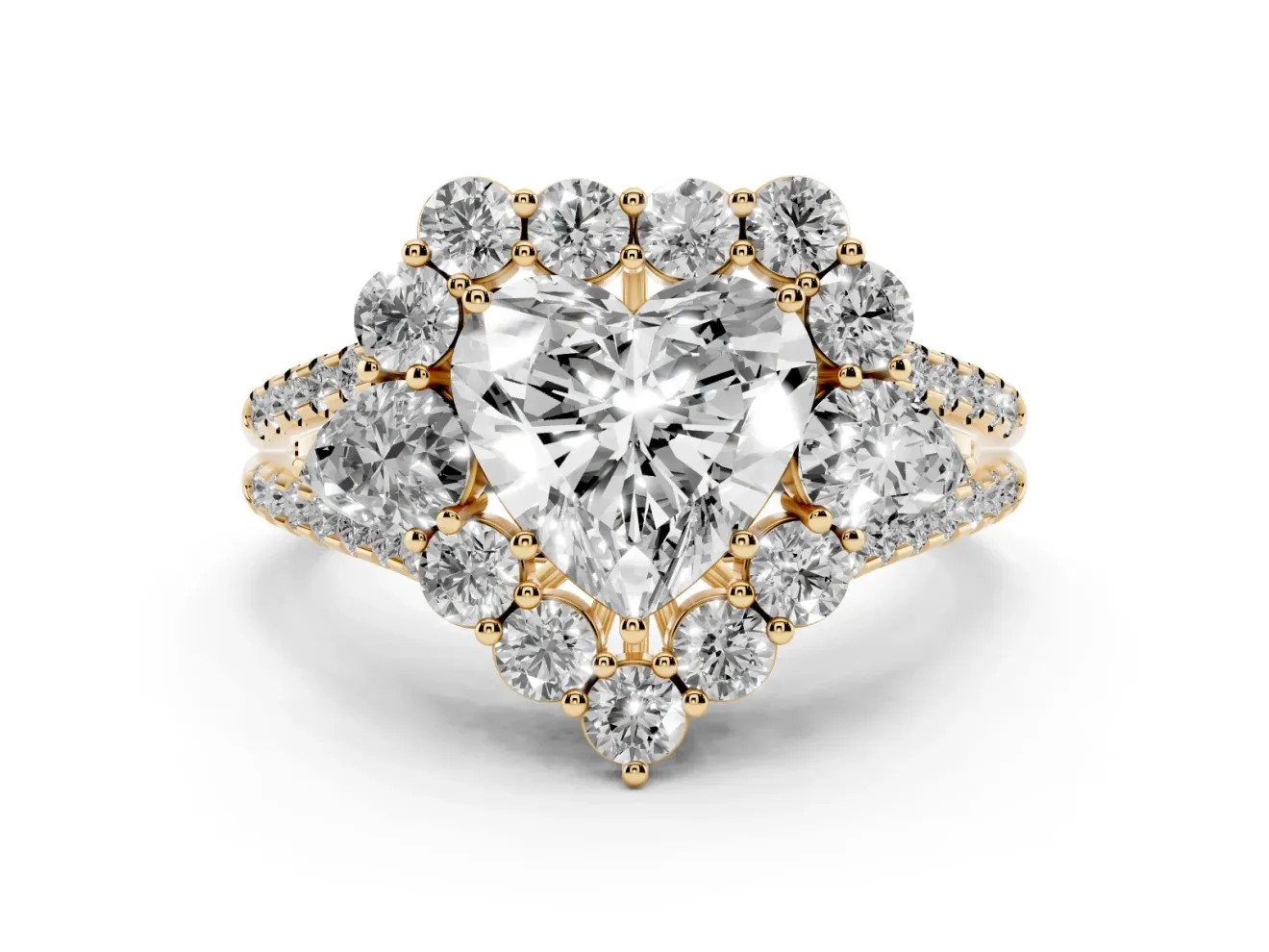 Heart Cut Diamond Halo Split Shank Engagement Ring Set in Yellow gold with Prong-Held Center Stone