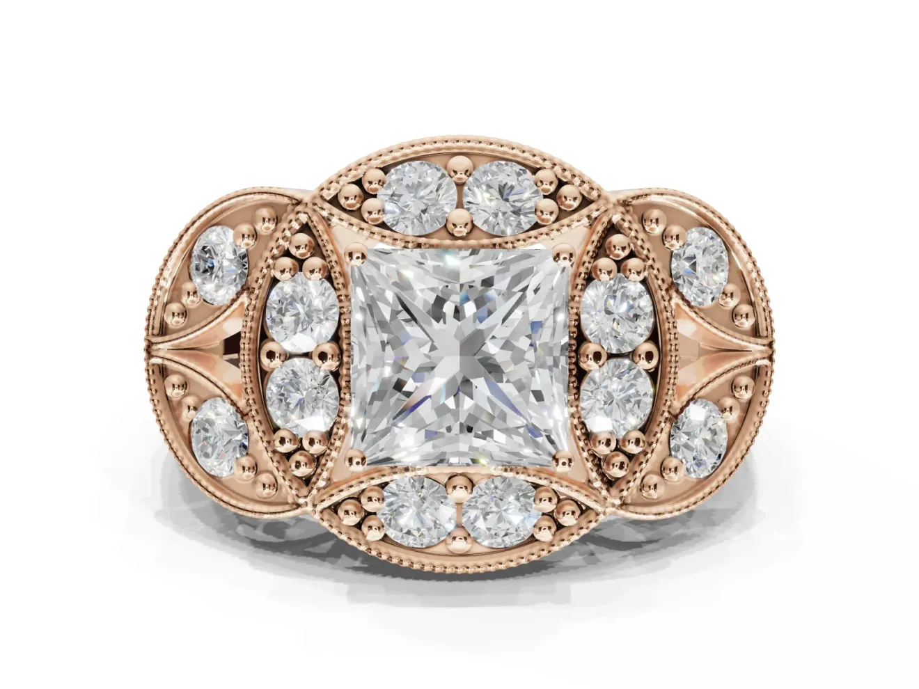 Princess Cut Vintage Floral Halo Engagement Ring Setting | Engraved Milgrain Band | Rose Gold