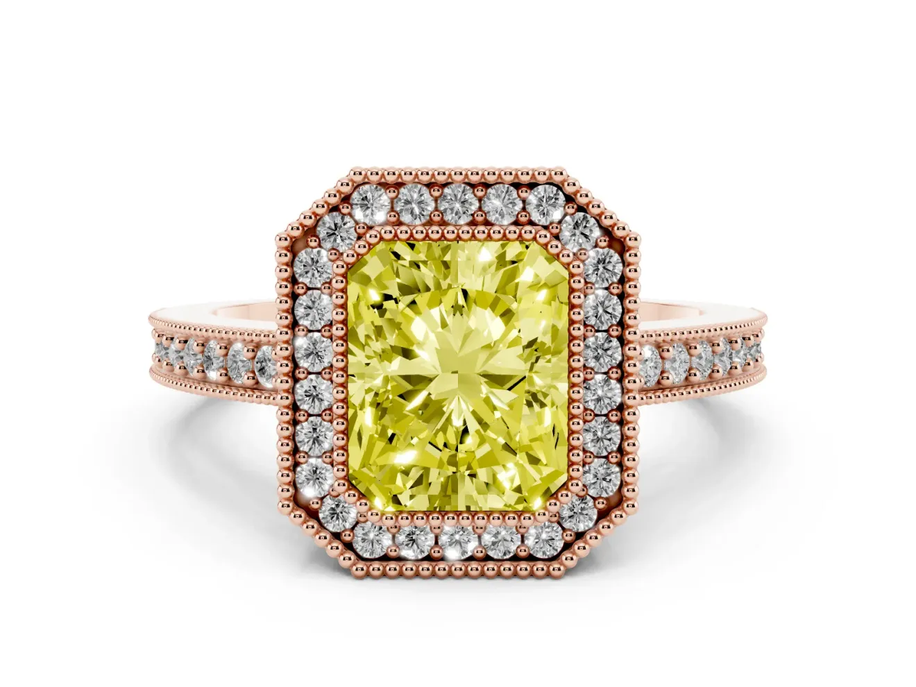 Radiant Cut Milgrain Halo Engagement Ring Setting for a Fancy Yellow Lab-Grown Diamond | Pave Band | Rose Gold