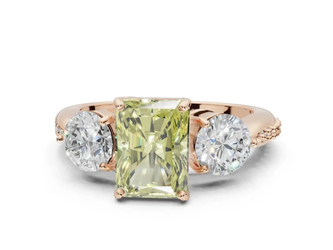 Radiant Cut Three Stone Engagement Ring Setting for a Fancy Yellow Lab-Grown Diamond | Tapered Pave Band | Rose Gold