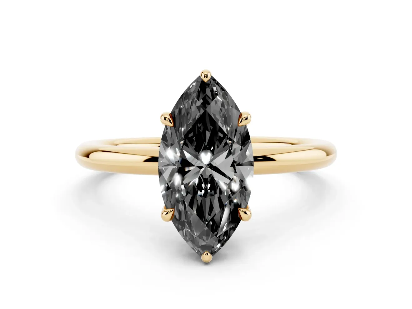 Marquise Hidden Halo Engagement Ring Setting for a Black Center | Thin Plain Band | Yellow Gold