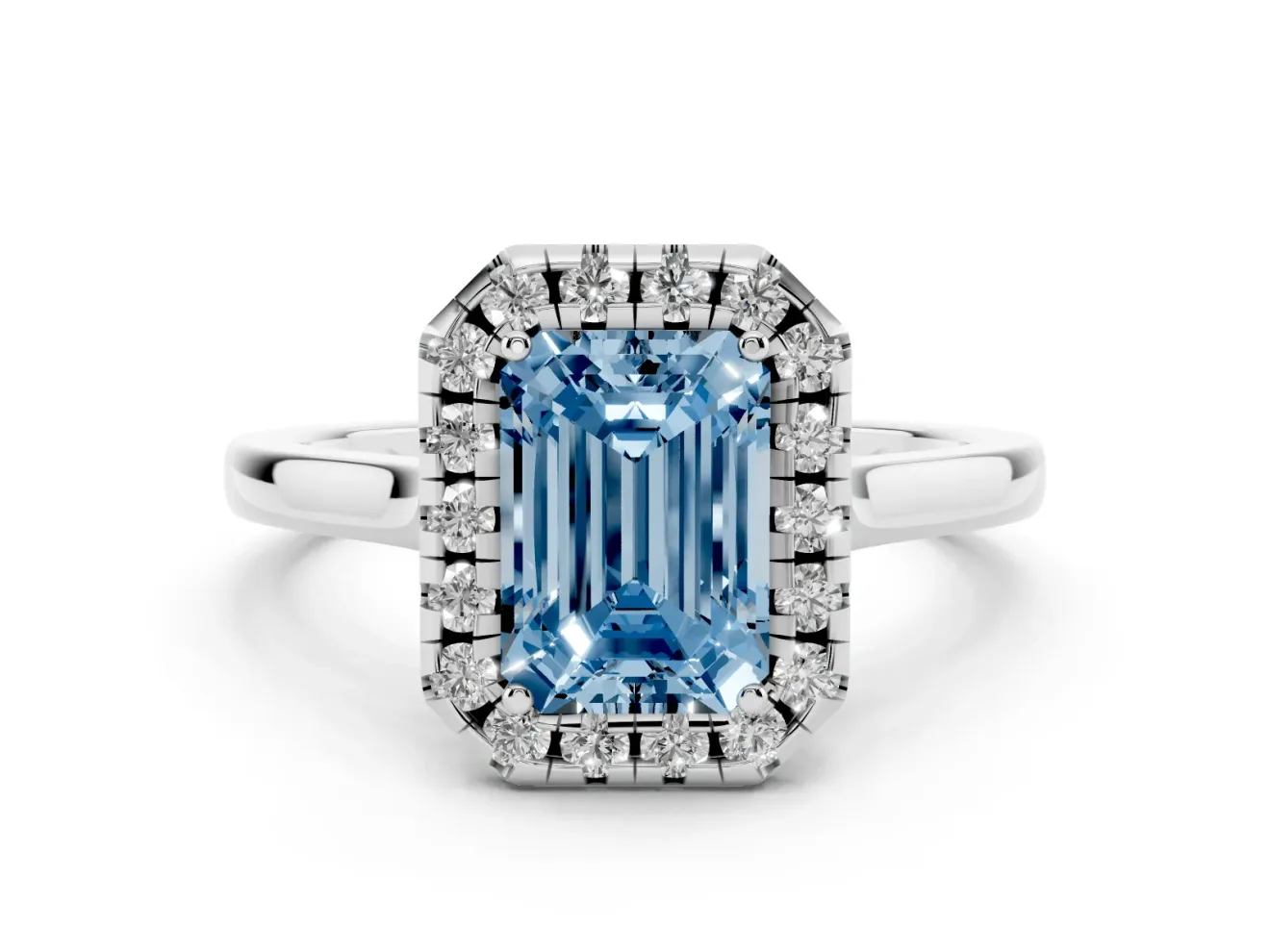 Emerald Cut Halo Engagement Ring Setting for a Fancy Blue Lab-Grown Diamond | Flat Tapered Band | Platinum